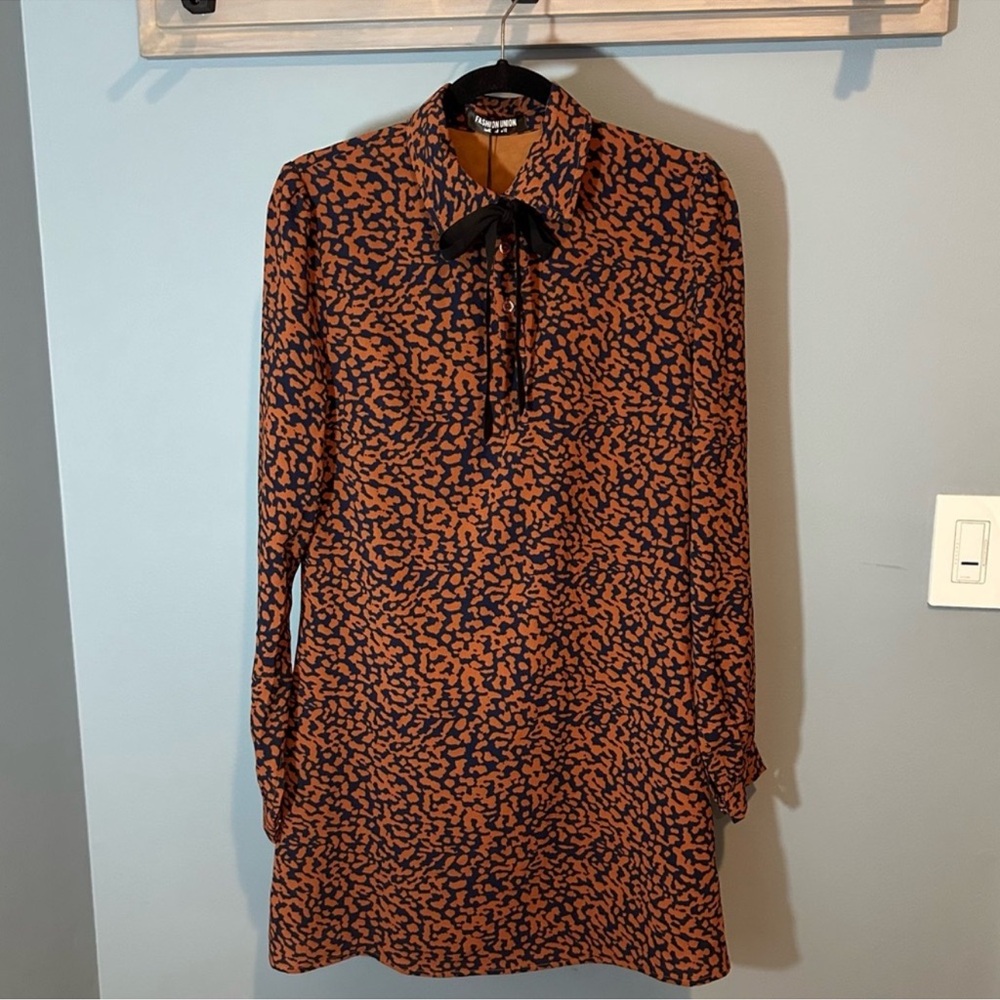 ASOS Brown/Blue Cheetah Print Shift Dress with A-Line Flare & Neck Bow